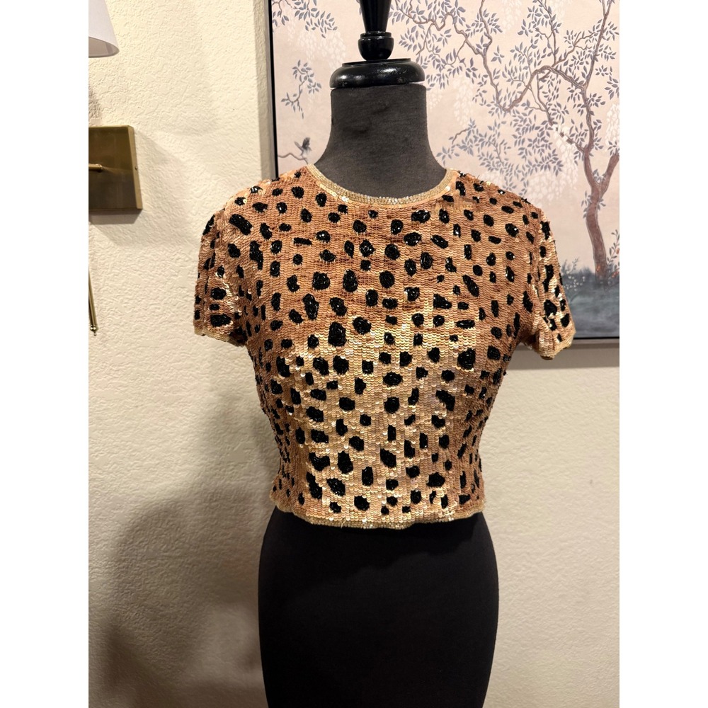 Adrianna Papell Evening Silk Leopard Sequin Beaded Crop Top Gold Black Small